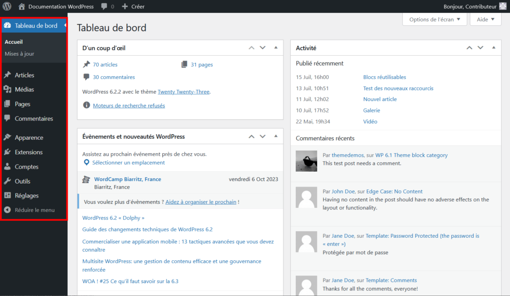 Création de site vitrine - Tableau de bord WordPress